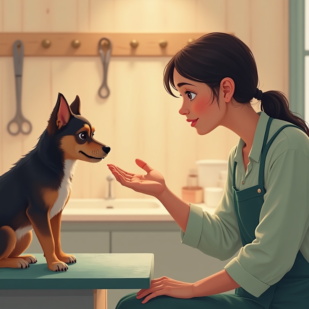 Toelettatore che utilizza un approccio delicato con un cane nervoso